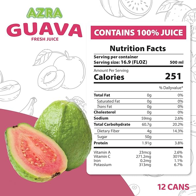 AZRA 100% Guava Juice – 500ml Cans Exotic Fruit Juice Beverages – Zero Sugar Drinks Healthy Guava Drink for Kids and Adults – Bulk 100% Juice Pack 12 Count