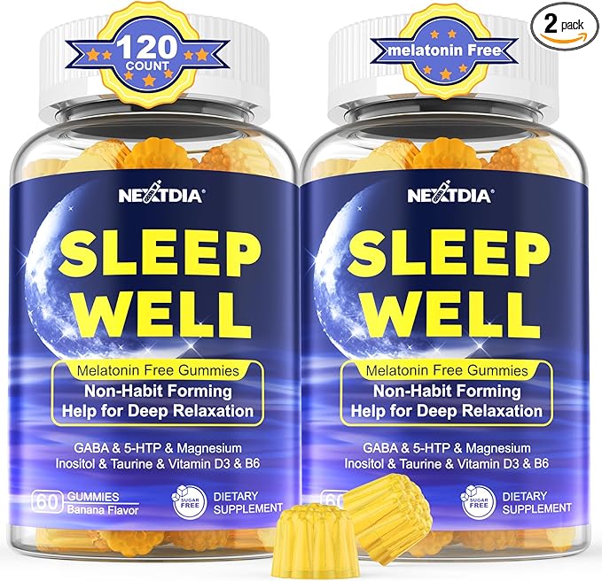 Melatonin Free Sleep Gummies with Magnesium Glycinate GABA 5-HTP L-Theanine Valerian Chamomile Lemon Balm Vitamin D3 &amp B6 - Hormone &amp Drug- Free Non-Habit Forming2 Pack