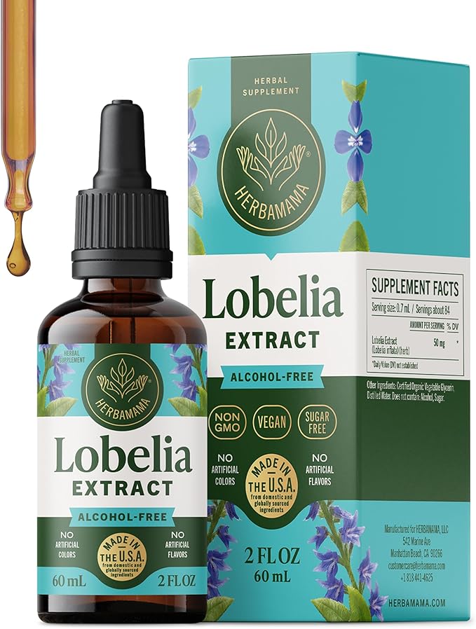 HERBAMAMA Lobelia Tincture - Vegan Lobelia Leaf Extract for Lung Detox &amp Cleanse - Respiratory Lung Support Drops - Non-GMO Alcohol &amp Sugar-Free Respiratory Support Supplement