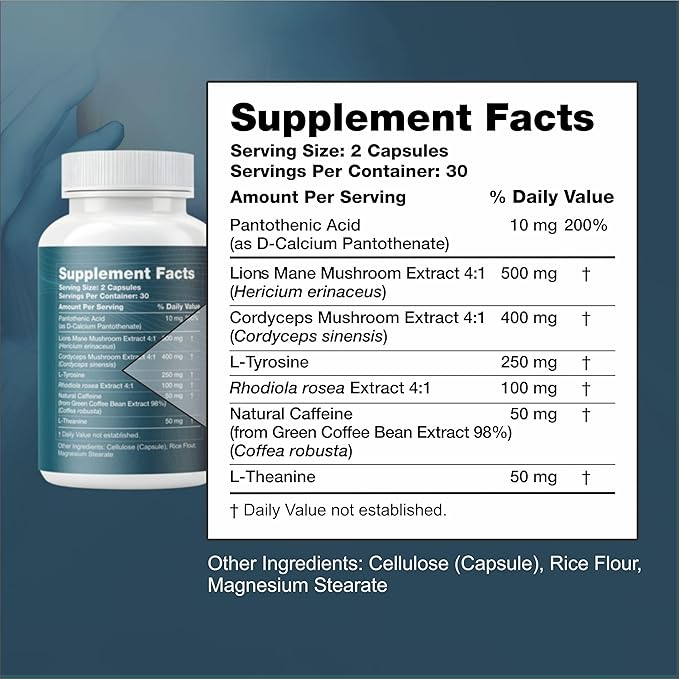 Nootropic Brain Supplement with Lion’s Mane Mushroom Cordyceps &amp Rhodiola Rosea Extract - Focus and Energy Supplement Adaptogen for Brain Health Mental Clarity Memory &amp Mood Support - 60 C