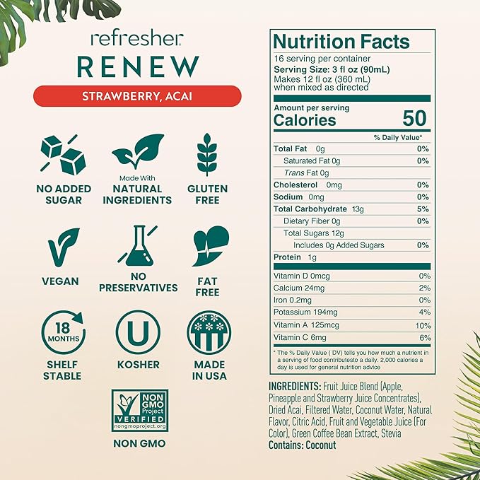 Smartfruit Renew Refresher – Strawberry Acai – Made with Real Fruit Juice No Added Sugar Coconut Water for Hydration Green Coffee Bean Extract for Natural Energy – 48oz Drink Mix