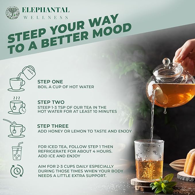 Elephantal Wellness Keep Calm Herbal Tea | Stress Relief &amp Mood Support with Ashwagandha Lemon Balm Chamomile Valerian &amp St. John’s Wort | Handmade Caffeine-Free Loose Leaf Blend | 2oz 20