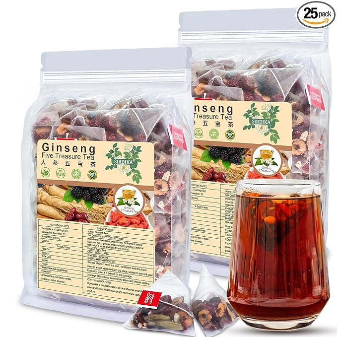 Ginseng Five Treasures Tea Kidney Tea - Ginseng &amp Mulberry Herbal Teas Natural Chinese Red Date Kidney Cleanse Detox Teas Bag for Men Women te de riñon Saludable Organica (2 Bag(50PC))