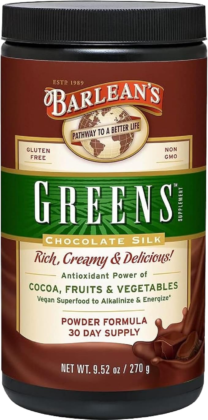Barlean's Chocolate Greens Powder Daily Fruit and Vegetable Superfood Supplement Green Antioxidant Blend and Fiber Smoothie Drink Mix 9.52 oz