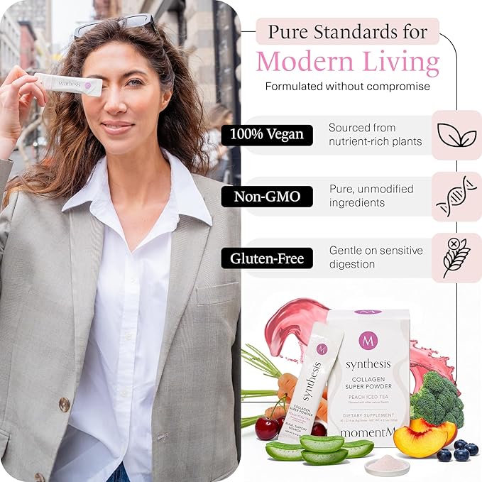 momentM Synthesis Plant Based Collagen for Women &amp Men - Peptides Powder for Hair Skin Nails and Joints - Vegan Hydrolyzed Collagen Peptides Powder with VEGCOL® - Peach Iced Tea (30 Stick Packs)