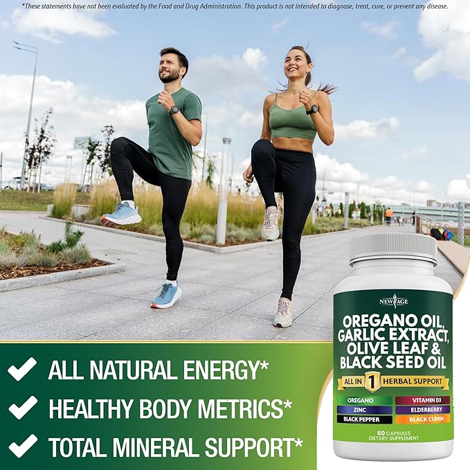 NEW AGE Oregano Oil Garlic Extract Olive Leaf with Astragalus - Supplement for Women and Men - 60 Count