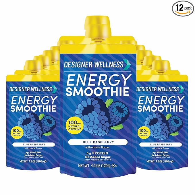 Designer Wellness Energy Smoothie Real Fruit 100mg Natural Caffeine 5g Protein Low Carb Zero Added Sugar Gluten-Free Blue Raspberry 12 Count