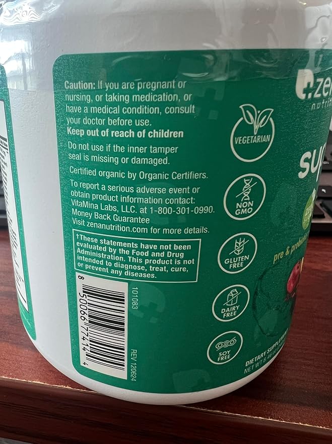 Zena Nutrition Organic Super Greens Powder 70+ Superfoods 0 Sugar 3G Fiber Spirulina Chlorella Mushrooms Prebiotics/Probiotics Digestive Enzymes for Gut Health Green Apple 30 Servings