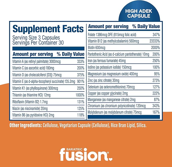 Bariatric Fusion High ADEK Multivitamin with Iron | Bariatric Multivitamin for Duodenal Switch | Easy to Swallow ADEK Vitamins Bariatric | 90 Capsules | One Month Supply