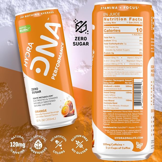 HYDRADNA- Clean Performance Drink Zero Sugar | For Natural Fuel Alertness Boost Stamina120 mg Organic Caffeine Natural Flavors Zero Sucralose Clean Ingredients (12 Pack) (12 Pack Orange)
