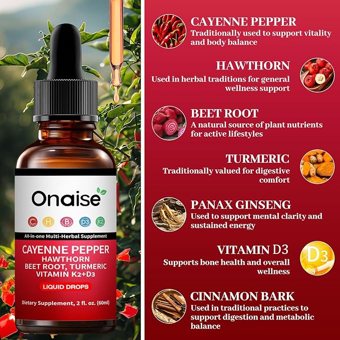 Cayenne Drops - Cayenne Pepper Drops Liquid Supplement with Organic Hawthorn Beet Root Turmeric Vitamin K2 D3