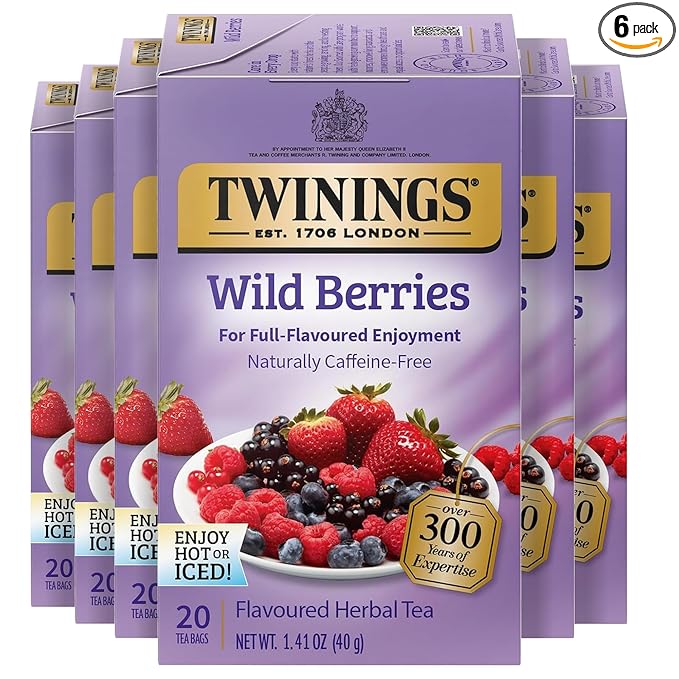 Twinings Wild Berries Herbal Tea Individually Wrapped Bags 20 Count (Pack of 6) Full-Flavoured Naturally Caffeine-Free Enjoy Hot or Iced 120 Teabags