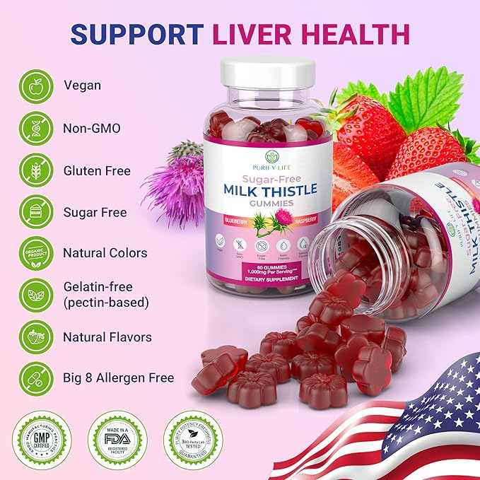 Sugar-Free Milk Thistle Gummies for Liver Cleanse Detox &amp Repair (Natural Blueberry-Raz Flavor) Cardo Mariano Cleansing Milk Thistle Supplement Antioxidant Support Vegan Replaces Pills &amp C