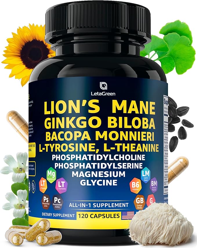 Organic Lions Mane Supplement Capsules - 120 Real Mushrooms Lion's Mane Capsules with Ginkgo Biloba Herb Bacopa Monnieri L Theanine L Tyrosine - Mushroom Complex for Daily Wellness