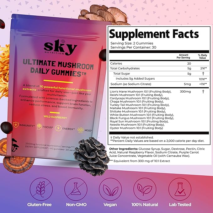 Mushroom Gummies - 10-in-1 Advanced Complex w/Lions Mane Reishi Cordyceps Turkey Tail - Focus &amp Brain Support - Raspberry Flavored 60 Vegan Lions Mane Mushroom Gummies for Adults