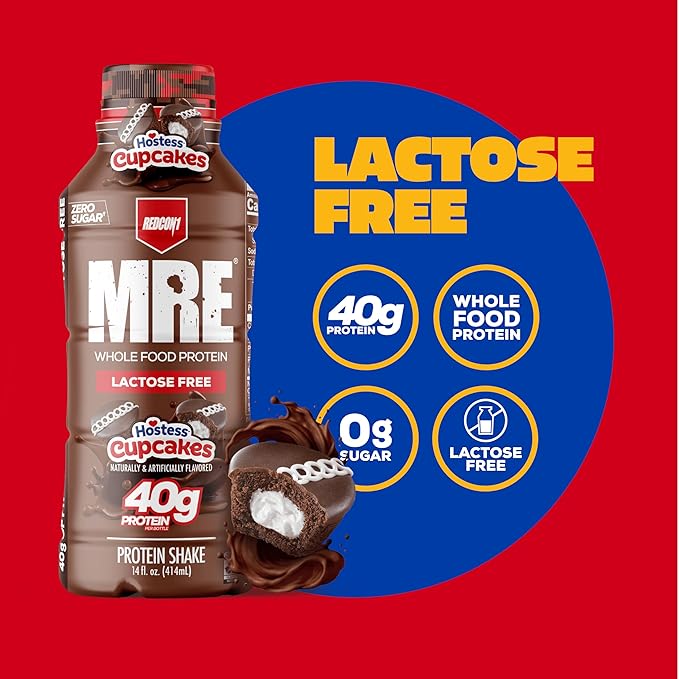 REDCON1 MRE Ready to Drink Protein Shakes Hostess™ Cupcakes - Lactose Free RTD Protein Made with Real Whole Food Protein Blends - Easy to Digest Nutritional Shake (12 Pack)