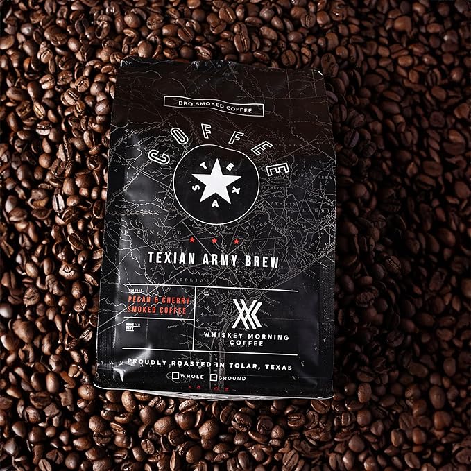 Whiskey Morning Coffee Texian Army Brew Double Smoked Whole Bean Coffee Fire Roasted with Pecan Wood &amp Cold Smoked with Cherry Wood Small Batch Texas Roasted Bold &amp Smooth Medium Roast 10
