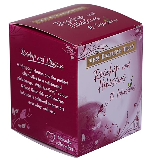 New English Teas Fruit &amp Herbal Tea 120 Teabags 12 Packs of 10 Individually Wrapped Tea Bags Naturally Caffeine Free (Rosehip &amp Hibiscus)