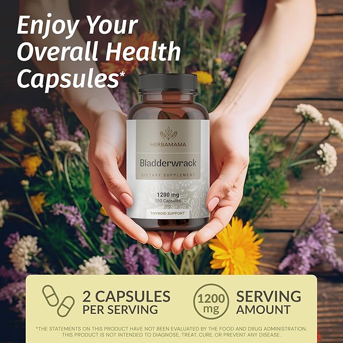 HERBAMAMA Bladderwrack Capsules - 1200mg Bladderwrack Herb Powder for Energy &amp Overall Support - Vegan Non-GMO Sea Iodine Source Supplement 100 Caps
