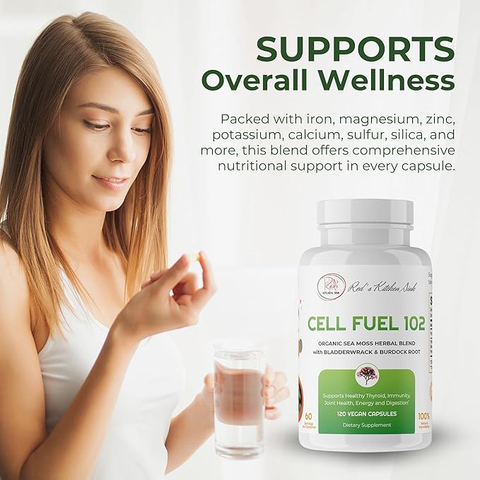 Red's Kitchen Sink Cell Fuel 102 – Organic Sea Moss 120 Capsules with Bladderwrack &amp Burdock Root | Dr. Sebi Inspired Herbal Blend | 60 Servings 2 Month Supply | Vegan 100% Natural
