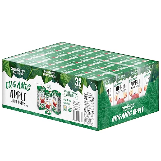 Sunberry Farms Organic Apple Juice Drink – 32 Pack (6.75 fl oz Each) | No Sugar Added | USDA Organic | Gluten-Free | GMO-Free | Preservative Free | Excellent Source of Vitamin C | Lunchbox Kids Juice