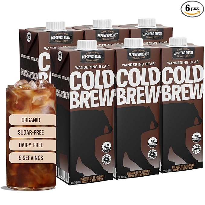 Wandering Bear Espresso Roast Organic Cold Brew Coffee - Extra Strong Bold Smooth No Sugar Added Shelf-Stable Ready to Drink &amp Vegan 100% Organic Iced Cold Brewed Coffee Drink - 32 fl oz 6 p