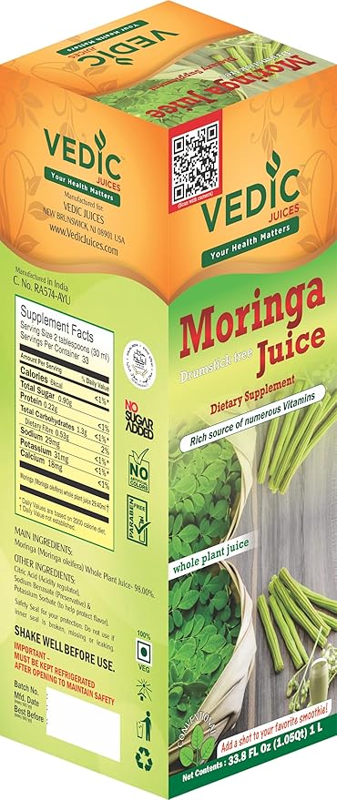 Vedic Moringa Juice Energy Plus - Multivitamin and Antioxidant Drink - Natural Leaf Plant Protein - 33.8oz Ideal for Daily Use