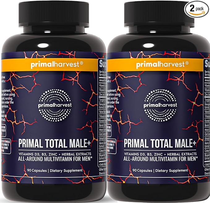 Primal Harvest Total Male+ Multivitamin for Men with Essential Vitamins Minerals and Herbal Support for Energy Vitality Immune Health and Performance