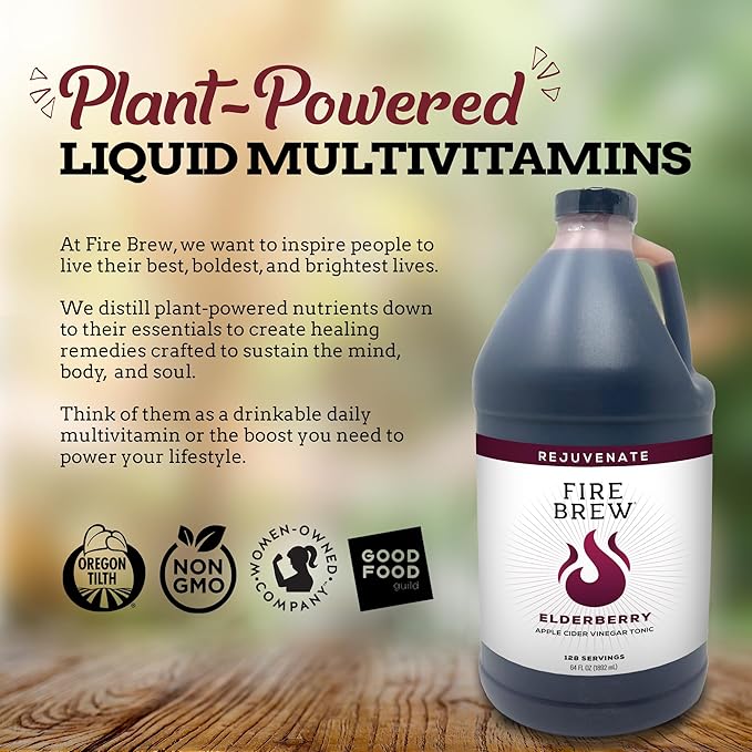 Fire Brew Restore – Elderberry Apple Cider Vinegar Wellness Tonic | 128 Concentrated Shots of Healthiest Organic Ingredients Rich in Antioxidants &amp Vitamins to Strengthen Immune System – Half Gall