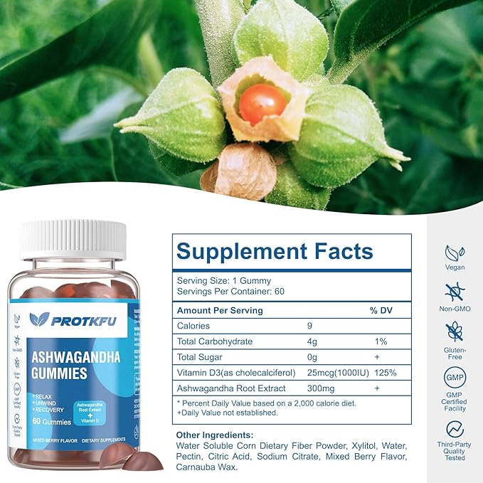 2 Pack Ashwagandha Gummies &amp Vitamin D3 Gummies Organic Aswangdha Supplement for Improve Sleep Stress Relief &amp Mood Calm (Non-GMO Gluten-Free &amp Sugar Free)