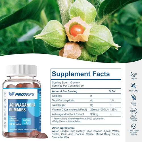 2 Pack Ashwagandha Gummies &amp Vitamin D3 Gummies Organic Aswangdha Supplement for Improve Sleep Stress Relief &amp Mood Calm (Non-GMO Gluten-Free &amp Sugar Free)