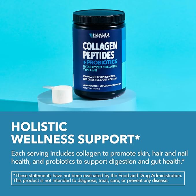 Collagen Peptides Powder with Probiotics - Grass-Fed Hydrolyzed Type I &amp III for Hair Skin and Nail Health - GLP-1 Nutritional Support for Digestion - Easy-to-Mix Unflavored 1-Month Supply