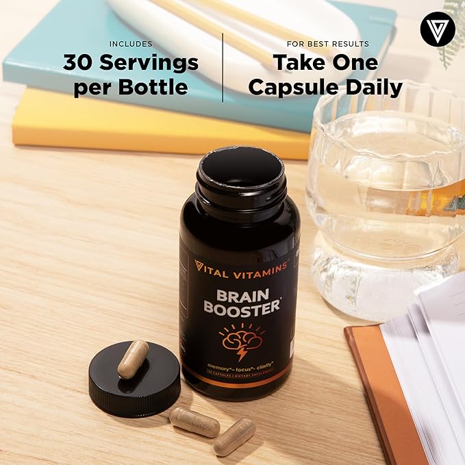 Vital Vitamins Brain Supplements with Bacopa Monnieri - for Memory and Focus – Nootropic Brain Booster - Caffeine-Free Support for Adults &amp Seniors – Non-GMO 30-Day Supply 30 Capsules