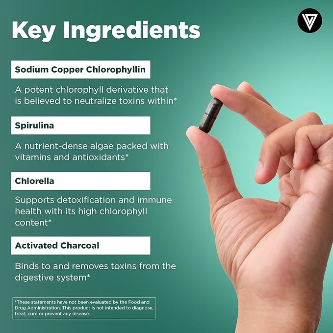 Vital Vitamins Chlorophyll Pills - Body Deodorizing Supplement - Made with Spirulina Chlorella Organic Parsley Mint &amp Activated Charcoal - Defeat Odor Naturally - for Women &amp Men - 60 Caps