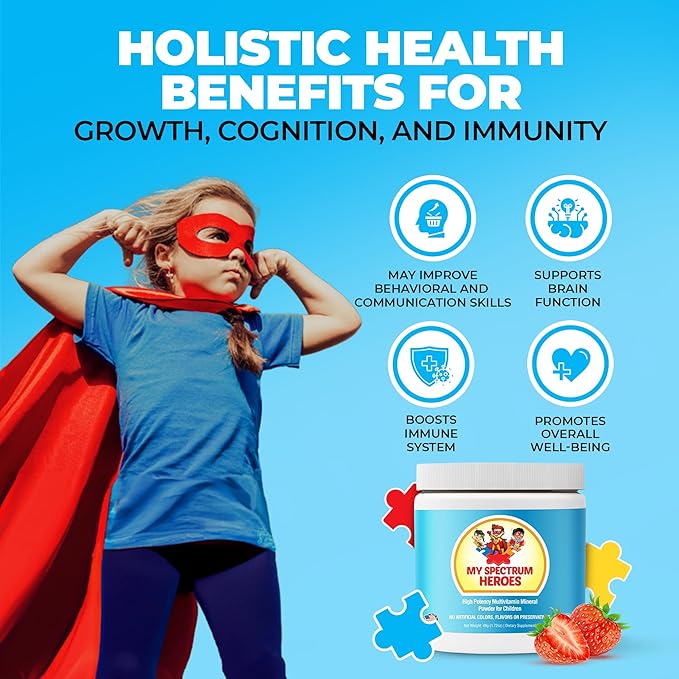 My Spectrum Heroes Kids Powder Multivitamin - Strawberry Powder Supplement Better Absorption Non-GMO Non-Gluten No Artificial Ingredients - Neural Help for Children on The Spectrum - 30 Servings