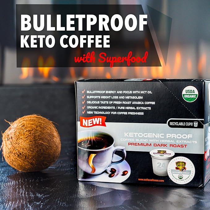 SOLLO KETO Dark Roast Infused Coffee Pods 0 g CARBS Coconut MCT Oil Compatible With 2.0 K-Cup Keurig Brewers 24 Ct