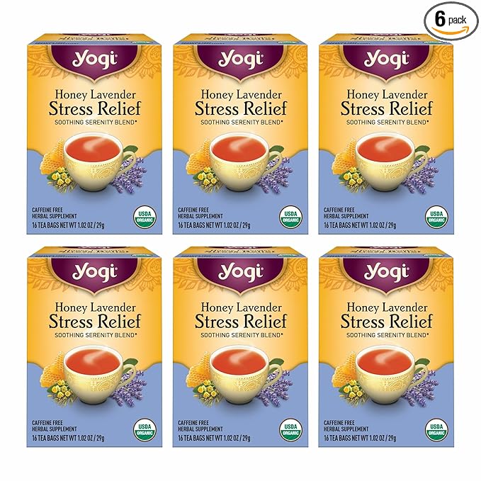 Yogi Tea Honey Lavender Stress Relief Tea - 16 Tea Bags per Pack (6 Packs) - Organic Chamomile Lavender Tea - Includes Lemon Balm Lemongrass Spearmint Leaf Peppermint Leaf Honey Flavor &amp More