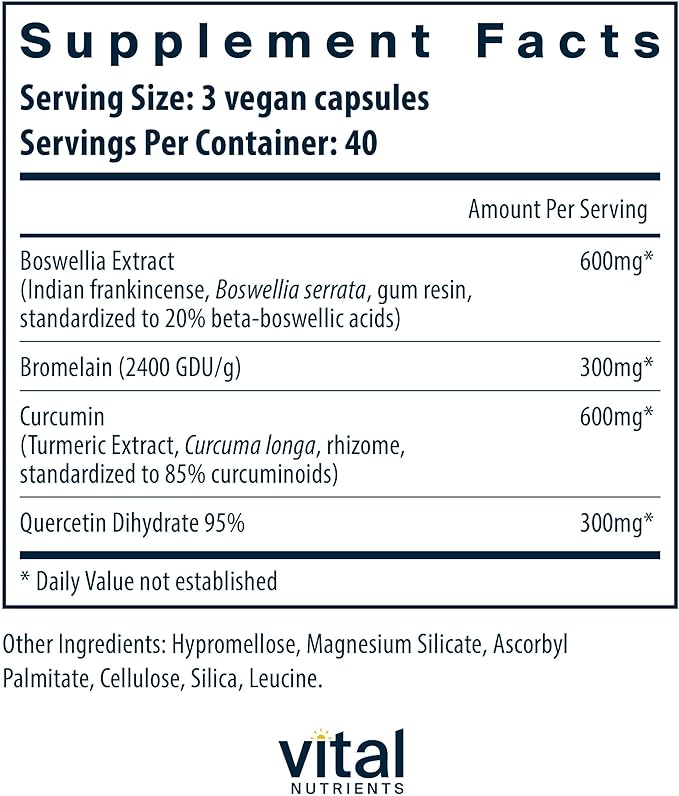 Vital Nutrients BCQ - Vegan Boswellia Bromelain Curcumin &amp Quercetin Supplement - Joint Support Supplement - Supports Sinus &amp Digestive Health - Gluten Dairy Soy Free - 120 Capsules