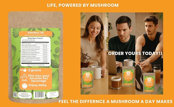 Hongo Mushroom Power - Perfect 10 Mushroom Complex Powder - Lions Mane Reishi Cordyceps Chaga Turkey Tail Maitake Supplements - for Immunity Energy Memory &amp Focus - (60 Servings)