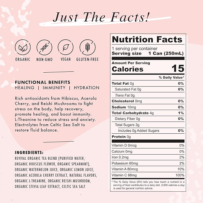 NA Functional Non-Alcoholic Drinks with Mushrooms &amp L-Theanine | Sea Salt for Hydration | Low Sugar Low Calorie Adaptogen Social Tonic Hibiscus Tea and Watermelon Mocktail 8.4oz Cans (12 Pack)