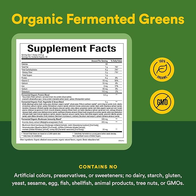 Whole Earth &amp Sea from Natural Factors Organic Fermented Greens Vegan Whole Food Supplement Chocolate 15.5 Oz