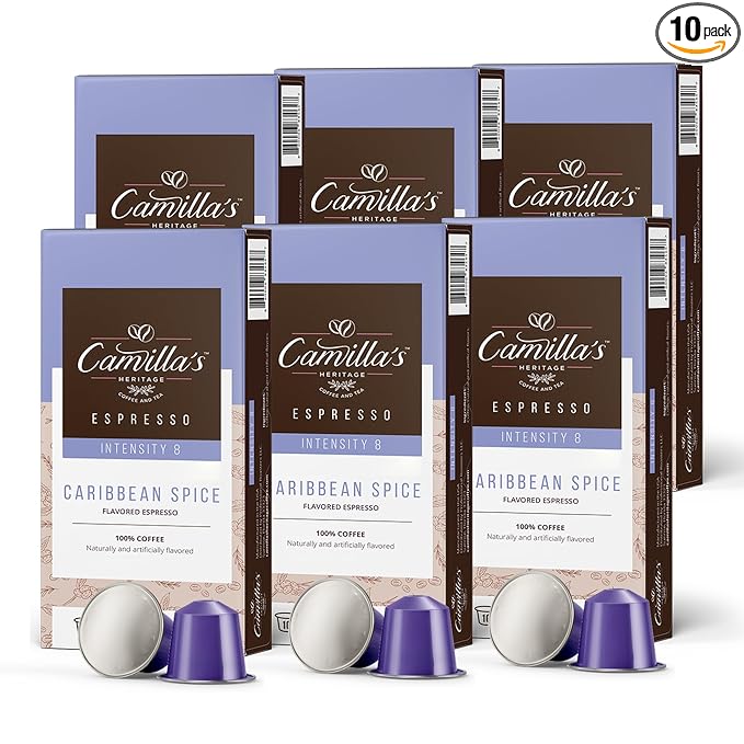 Camilla’s Heritage - Intensity 8 Caribbean Spice Flavored Espresso Coffee Gourmet Espresso Cups 60 Coffee Pods