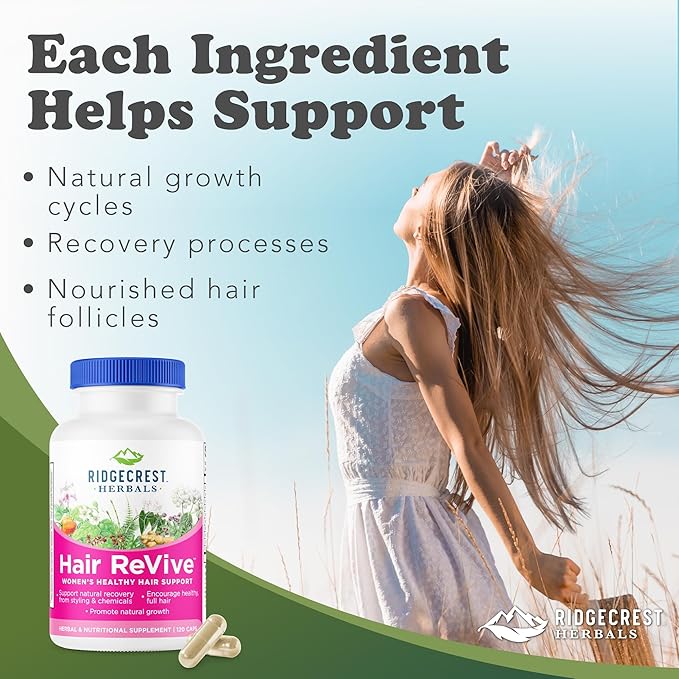 RidgeCrest Herbals Hair ReVive Nutritional Hair Supplement with Vitamin C Biotin (6000mcg) Zinc and Copper Hair Vitamins for Women to Support Healthy Hair Skin and Nails (120 Caps 30 Servings)