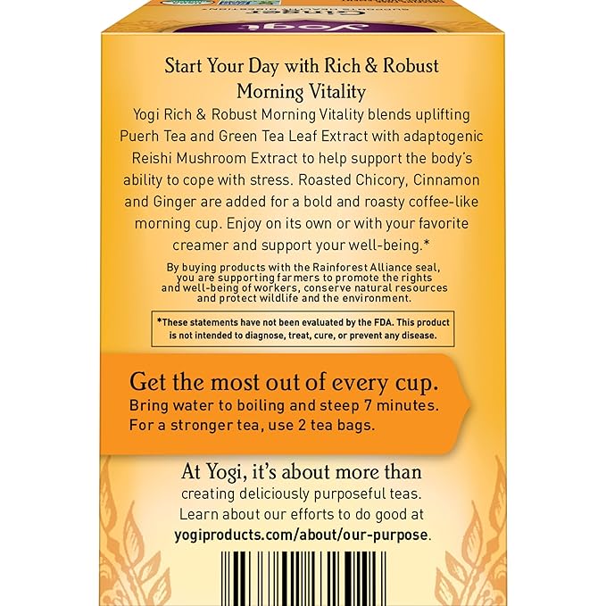Yogi Tea Rich &amp Robust Morning Vitality - 16 Bags per Pack (6 Packs) - Organic Adaptogen Tea Perfect for the Morning - Includes Puerh Leaf Roasted Chicory Root Cinnamon Bark &amp More