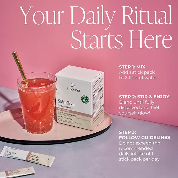 Arbonne SkinElixir Collagen Powder Builder - Açaí-Flavored Vegan Supplement for Women with Hyaluronic Acid Vitamin C Biotin &amp Antioxidants - Supports Healthy Skin Hair &amp Nails - 30 Stick Pa