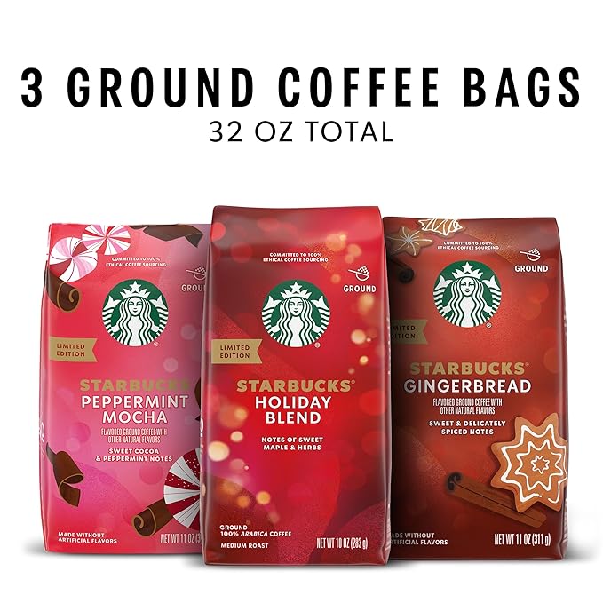 Starbucks Ground Coffee Medium Roast And Naturally Flavored Coffee Limited Edition Holiday Coffee Variety Pack 100% Arabica 3 Bags (32 Oz Total)