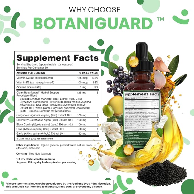 Clean Nutra Oil of Oregano Drops Black Seed Oil Elderberry Vitamin D D3 K2 Olive Garlic Immune Support Supplement Wellness Formula Zinc Supplements Liquid 2 Fl Oz BotaniGuard Vegan Non-GMO