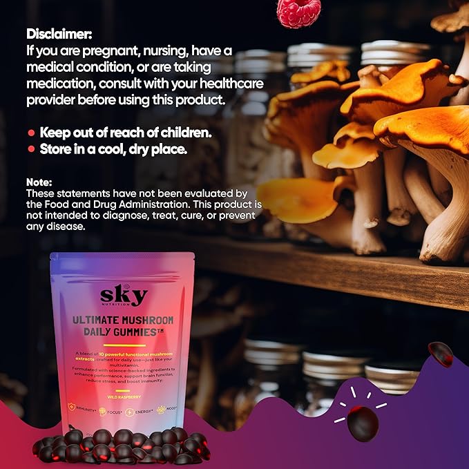 Mushroom Gummies - 10-in-1 Adaptogenic Mushroom Supplement for Adults - Lions Mane Reishi Cordyceps Chaga Turkey Tail - Raspberry Flavored Vegan Gummies for Focus &amp Energy - 60 Ct.