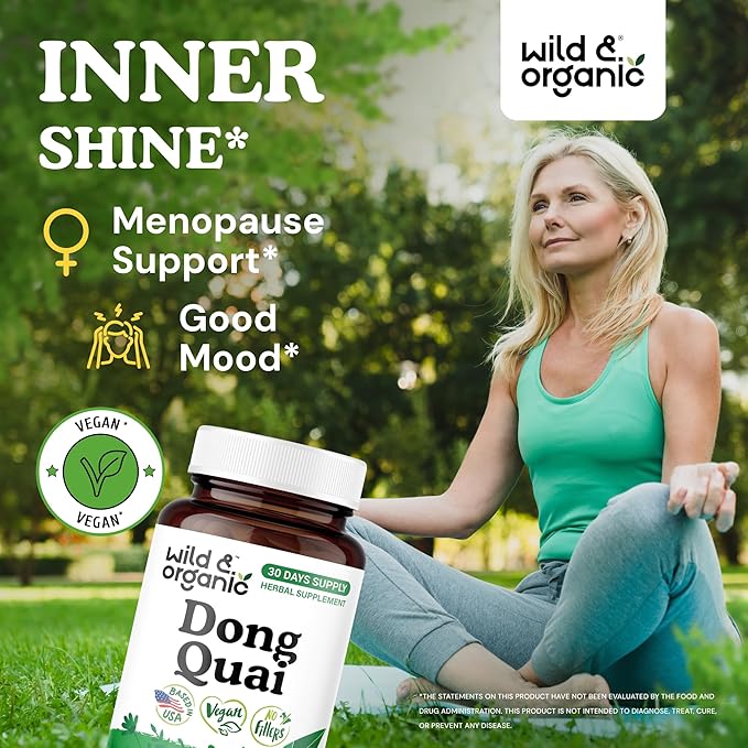 Wild &amp Organic Dong Quai Capsules 1000 mg - Menopause Supplements for Women - Dong Quai Root Supplement - 30-Day Supply - Traditional Angelica Sinensis Herb - Non-GMO Vegan - 60 Count