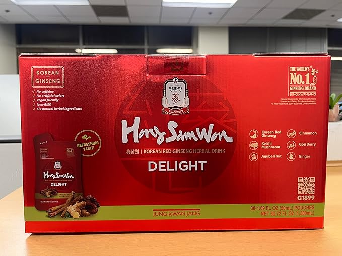 JUNG KWAN JANG Hong Sam Won Delight - Korean Red Ginseng Tea Herbal Energy Drink with Lime Jujube Ginger 3 Vitamins &amp 9 Amino Acids - No Caffeine No Calories No Sugar (30 Pouches 1.69 fl oz)